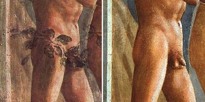 Adam avant et après restauration, où l'on découvre "le sexe de notre père à tous". Fresque de Masaccio / Wikipédia