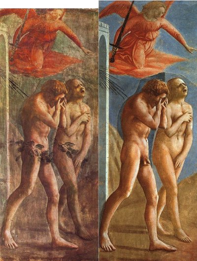 Adam et Ève chassés du Jardin d'Éden avant et après restauration. Fresque de  Masaccio / Wikipédia